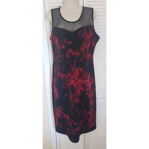 SHEATH RED FLOWER MIDI MESH SLEEVELESS DRESS SZ 12
